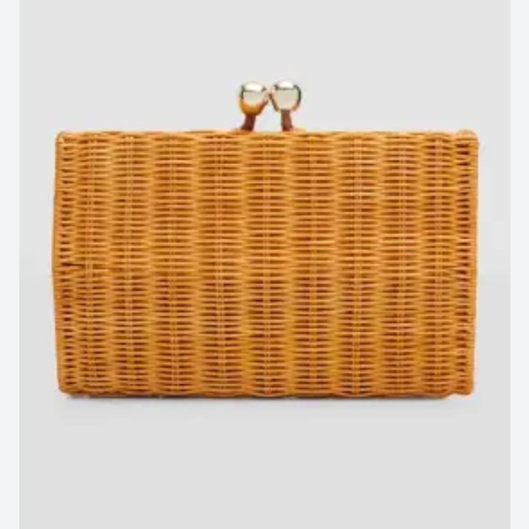 NWT Serpui Gisele Bag Wicker Light Honey White Leather Trim Gold Chain - Picture 2 of 12